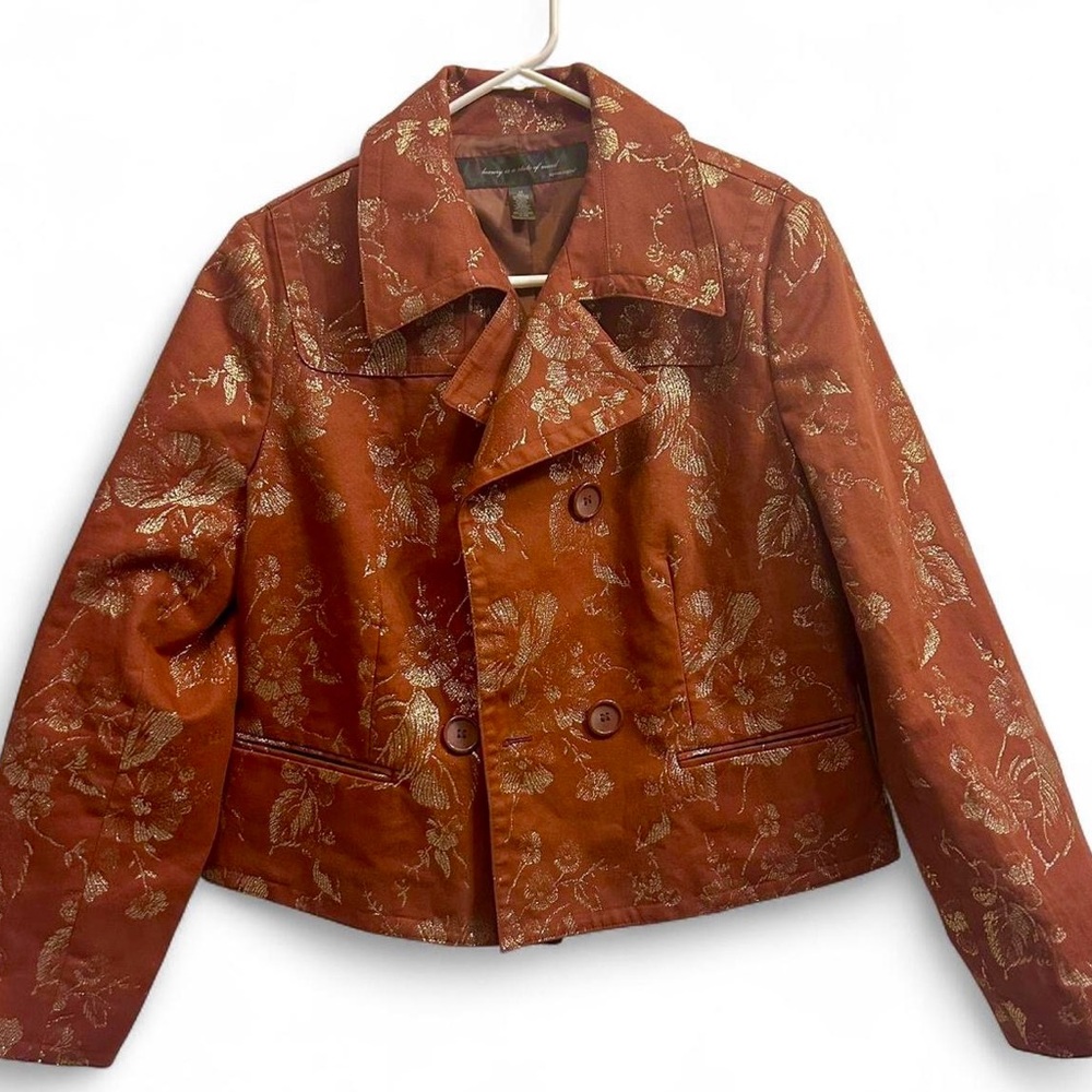 Rust colored cropped jacket with gold metallic floral print